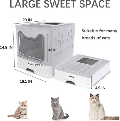 Extra Large Foldable Portable Covered Cat Litter Box with Top Entry, Anti-Splash Design, and Easy Cleaning (Gray)