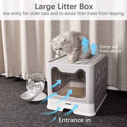 Extra Large Foldable Portable Covered Cat Litter Box with Top Entry, Anti-Splash Design, and Easy Cleaning (Gray)