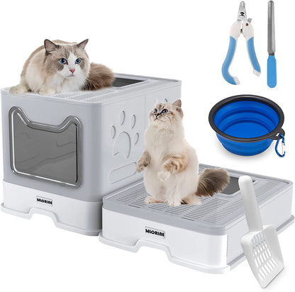 Extra Large Foldable Portable Covered Cat Litter Box with Top Entry, Anti-Splash Design, and Easy Cleaning (Gray)