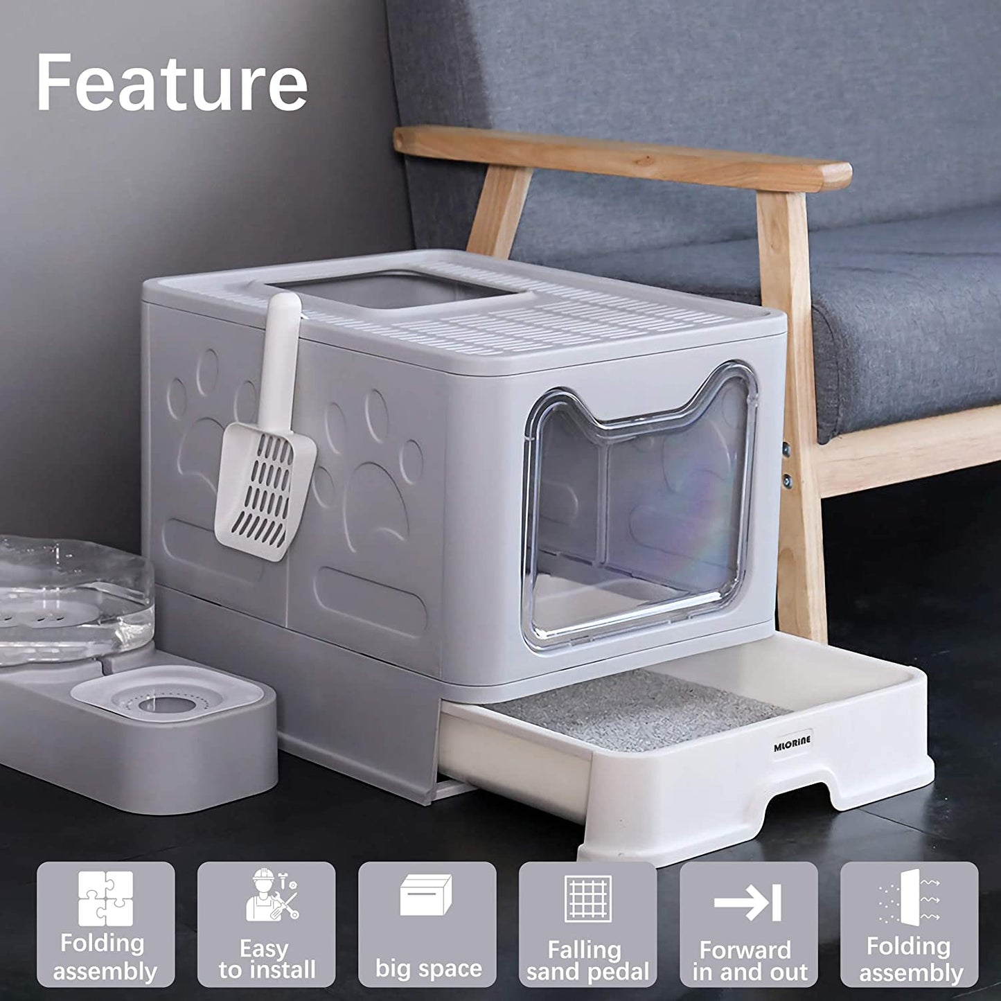 Extra Large Foldable Portable Covered Cat Litter Box with Top Entry, Anti-Splash Design, and Easy Cleaning (Gray)