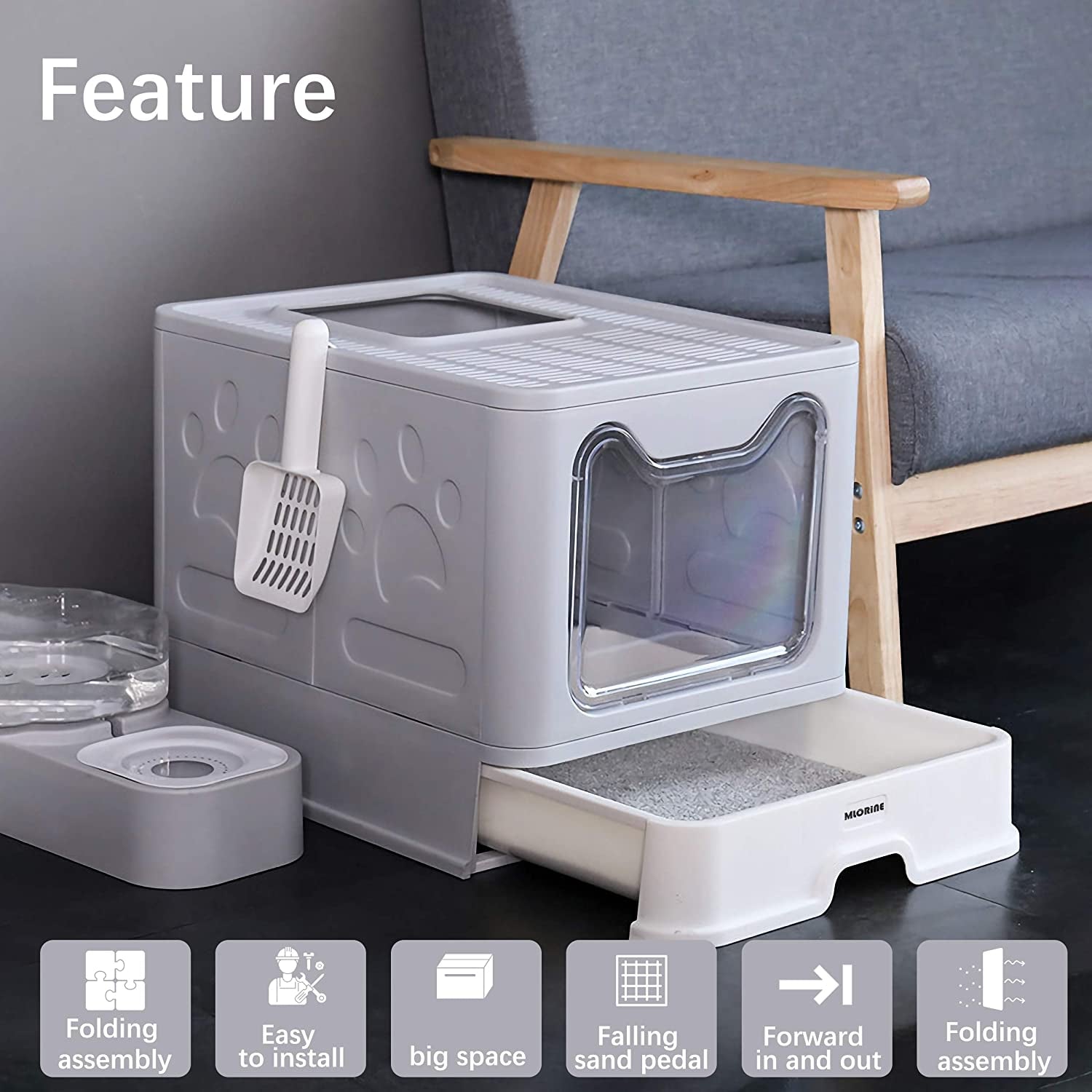 Extra Large Foldable Portable Covered Cat Litter Box with Top Entry, Anti-Splash Design, and Easy Cleaning (Gray)